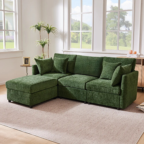 HAUSS SPOLE Canapé d'angle modulable 3 places en chenille verte avec pouf mobile