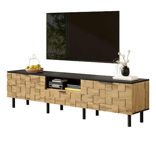 DZMDIP Meuble TV moderne effet bois avec 2 portes, 1 tiroir et niche ouverte, pieds en métal