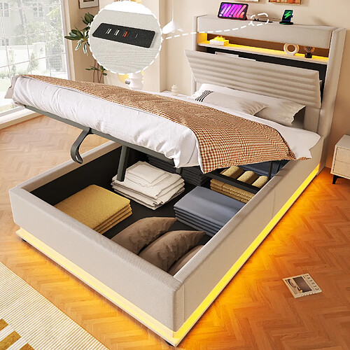 Lit Coffre 90x200 cm Modenvie LED et USB en lin beige sans matelas