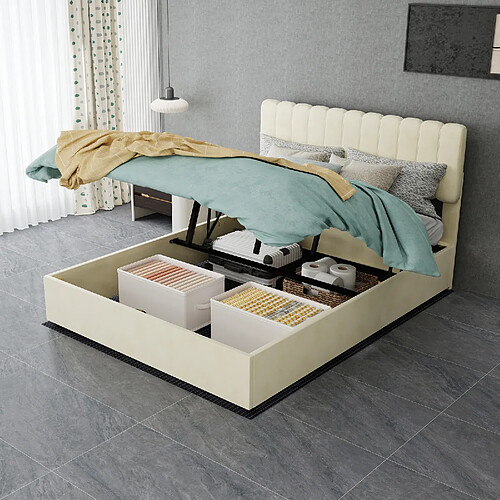 Lit Coffre 140x200 cm Modenvie rangement beige en tissu