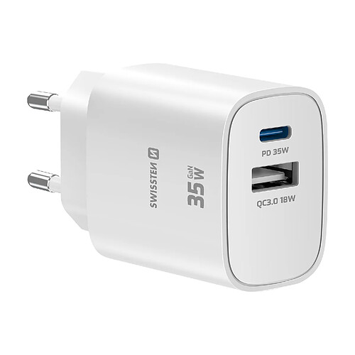 Swissten Chargeur USB-C 35W Power Delivery et USB-A Quick Charge 3.0 18W Blanc