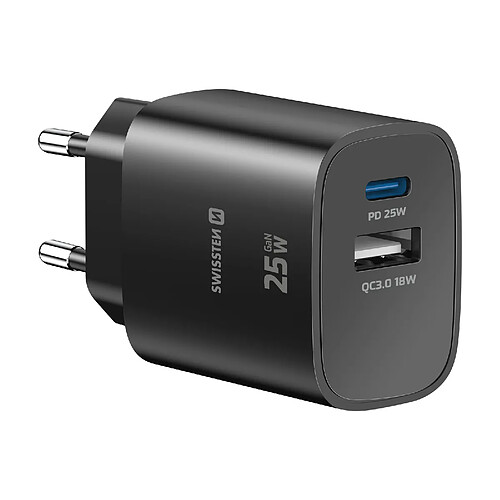 Swissten Chargeur USB-C 25W Power Delivery et USB-A Quick Charge 3.0 18W Noir