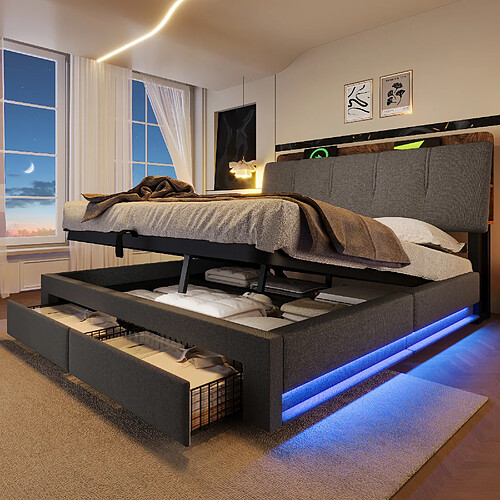 Lit Coffre 140x200 cm - Modenvie - USB-C, LED et rangement - Lin gris