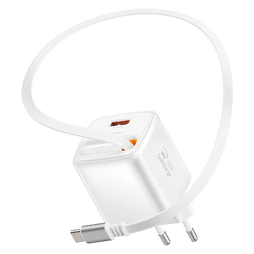 Swissten Chargeur Secteur USB-A 45W avec Câble Rétractable USB-C 0.75m Intégré Blanc