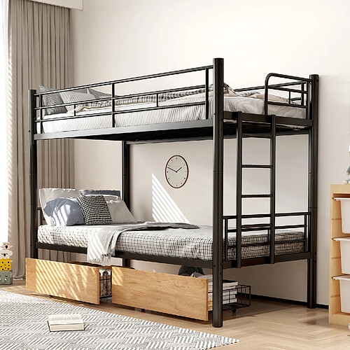 Lit Superposé Enfant 90x190 cm - Modenvie - 2 tiroirs et convertible - Noir