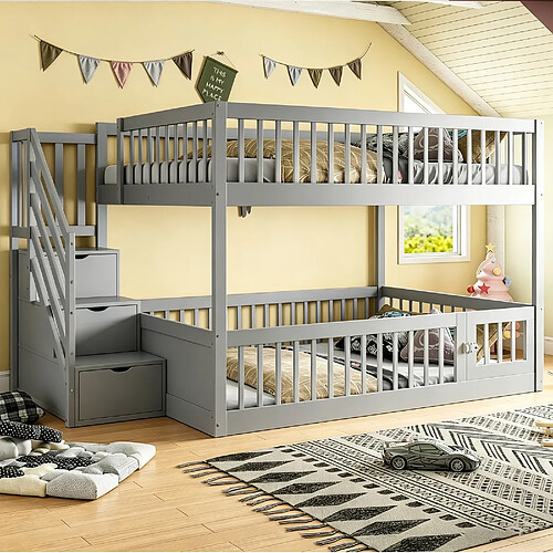 Lit Superposé Enfant 140x200 cm Modenvie rangement escalier sécurisé gris