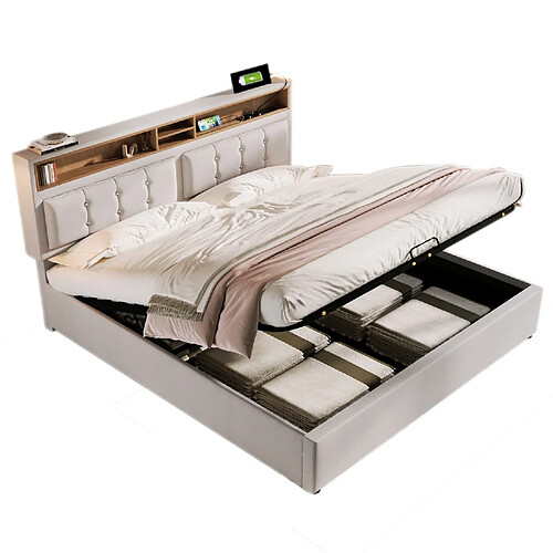 MIVRAY Lit Coffre Adulte 160x200 Cm Lit Double, Rangement Et Tête De Lit Avec USB-C, Lin, Beige