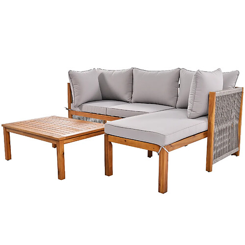 MIVRAY Salon de jardin 3 pièces coussins déhoussables, accoudoirs en corde bois gris
