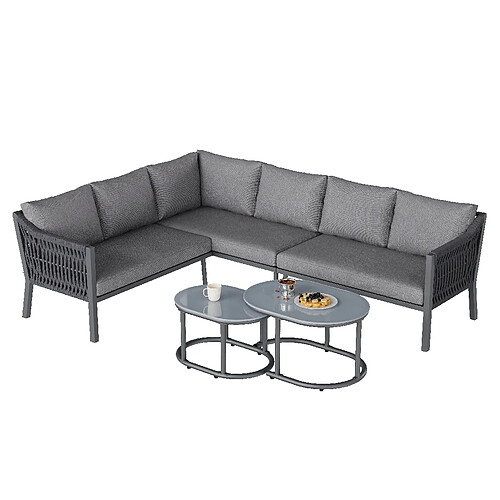 MIVRAY Salon de jardin 6 places, 2 tables, acier galvanisé et polyester gris