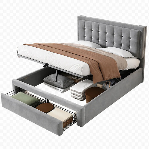 MIVRAY Lit coffre adulte 140x190 cm, avec tiroirs, rangement et tête de lit réglable, velours gris