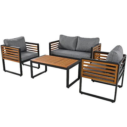 MIVRAY Salon de jardin 4 places 115x60x64 cm dossier haut fer bois gris antique