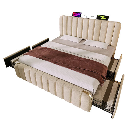 MIVRAY Lit Adulte Double 180x200 cm Avec 4 Tiroirs De Rangement, Port USB Et Type-C, Lin, Beige