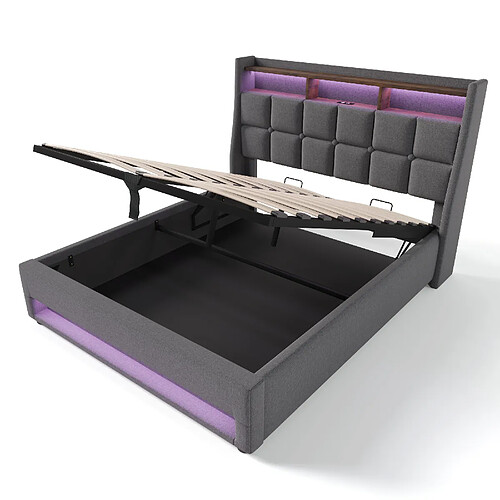 MIVRAY Lit Coffre Adulte Lit Double 140x200 Cm, Avec Rangement, LED Et USB, Lin, Gris