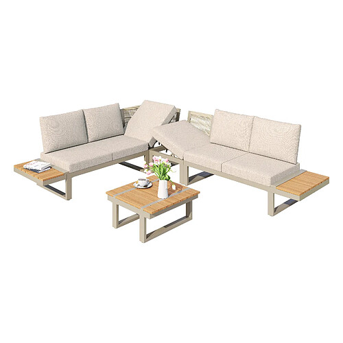MIVRAY Salon de jardin modulable convertible, dossier réglable acier et polyester beige