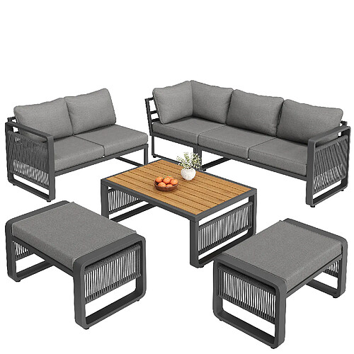 MIVRAY Salon de jardin 6 places 120x65x66.5 cm coussins épais pieds réglables métal gris