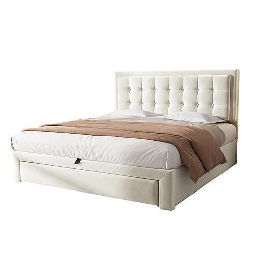MIVRAY Lit coffre adulte 140x190 cm, tête de lit réglable, avec tiroirs, velours beige