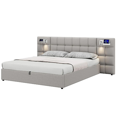 MIVRAY Lit coffre adulte 180x200 cm, rangement hydraulique et USB, lin gris