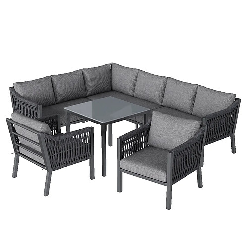 MIVRAY Salon de jardin 8 places, angle convivial, acier et polyester gris