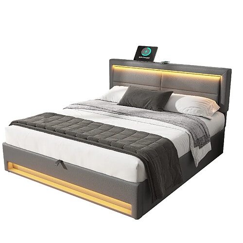 MIVRAY Lit coffre adulte 140x190 cm, USB et LED, PU gris