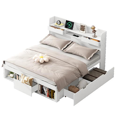 MIVRAY Lit double adulte 140x190 cm, rangement et ports USB, bois, blanc