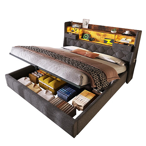 MIVRAY Lit coffre adulte 140x190 cm, LED et ports de charge, lin gris