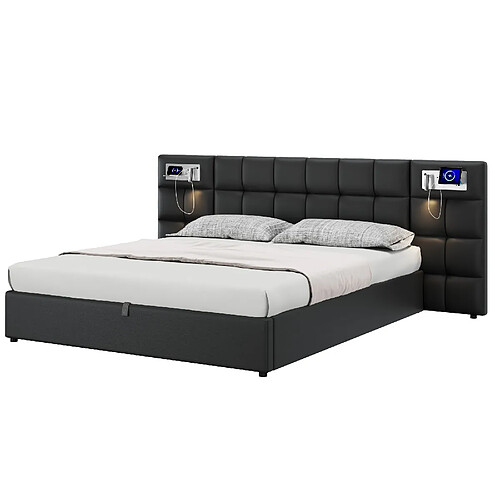 MIVRAY Lit coffre adulte 180x200 cm, USB et charge sans fil, PU noir