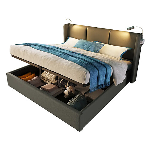 MIVRAY Lit Coffre Adulte 160x200 Cm Lit Double avec rangement, lampe de lecture et USB, PU, Gris