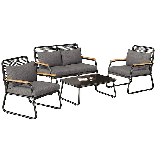 MIVRAY Salon de jardin 4 places, verre trempé, métal polyester noir