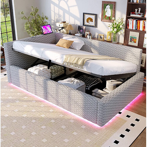 Lit Coffre 90x200 cm Modenvie avec LED et USB Type C en velours gris