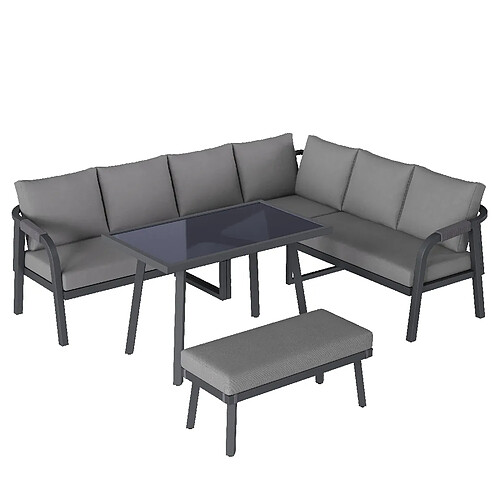 MIVRAY Salon de jardin 8 places, table à manger avec banc acier polyester gris