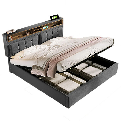 MIVRAY Lit Coffre Adulte 160x200 Cm Rangement Et Tête De Lit Réglable Avec USB-C, Lin, Gris