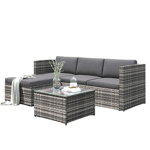 MIVRAY Salon de jardin 196x136x67 cm avec coussins lavables rotin PE gris