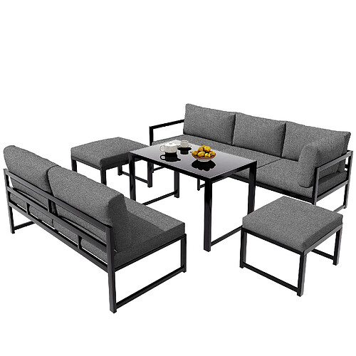 MIVRAY Salon de jardin 6 places 199x60x65 cm dossier réglable aluminium noir et gris