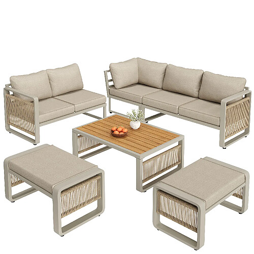 MIVRAY Salon de jardin 6 places coussins épais, pieds réglables métal beige