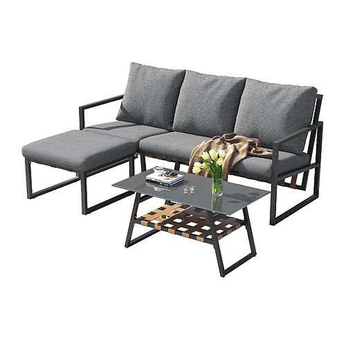 MIVRAY Salon de jardin d'angle modulable, table en verre acier galvanisé gris