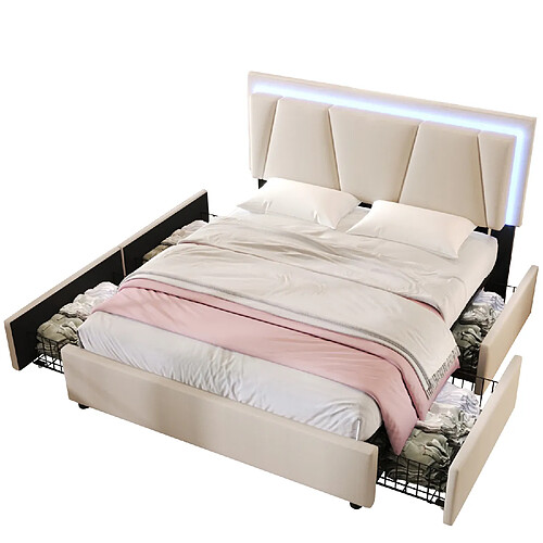 MIVRAY Lit Adulte Double 140x200 Cm Avec LED Et 4 Tiroirs, Tête De Lit Réglable, Lin, Beige