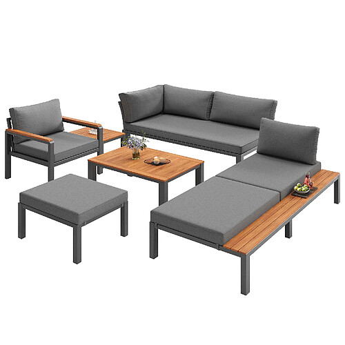 MIVRAY Salon de jardin modulable 6 places, coussins respirants bois d'acacia et fer gris