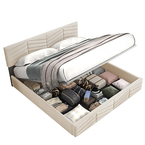 MIVRAY Lit coffre adulte 140x190 cm, tête de lit réglable, avec sommier, velours beige