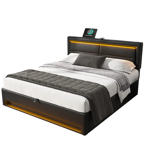 MIVRAY Lit coffre adulte 140x200 cm, USB LED et rangement, PU noir