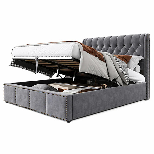 MIVRAY Lit coffre adulte 140x190 cm, rangement et tête de lit, velours gris