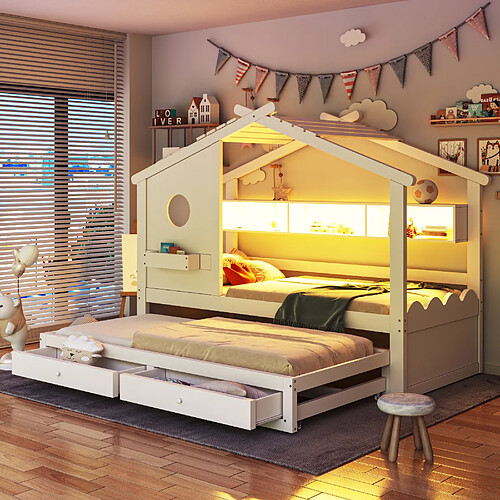 Lit Enfant 90x200 cm Modenvie avec lit gigogne et rangement Blanc