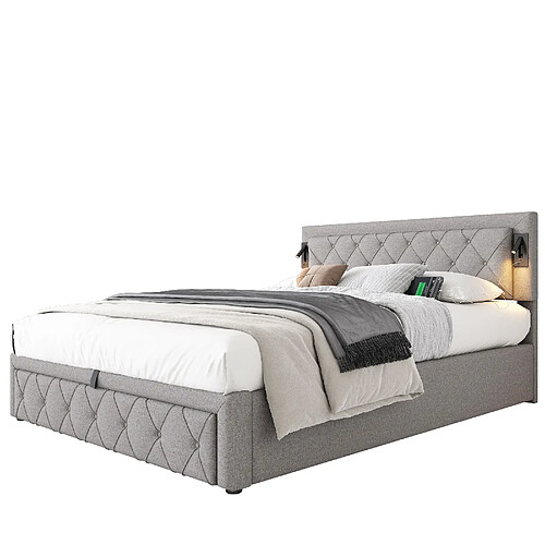 MIVRAY Lit coffre adulte 160x200 cm avec USB et éclairage, tête de lit capitonnée, lin gris