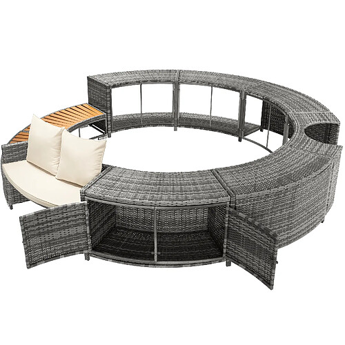 MIVRAY Salon de jardin 6 places 283x283x55 cm rangement intégré rotin PE et métal gris