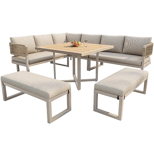 MIVRAY Salon de jardin 8 places 110x58x78 cm table et pieds réglables métal beige