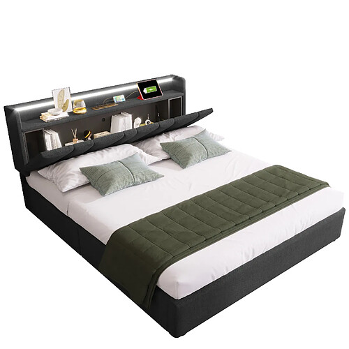 MIVRAY Lit Coffre Adulte 160x200 Cm Lit Double Avec USB, LED Et Tête De Lit Rangement, Lin, Gris
