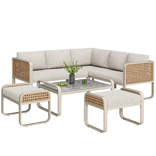 MIVRAY Salon de jardin 6 places 120x61x69 cm, coussins et pieds réglables, métal rotin beige