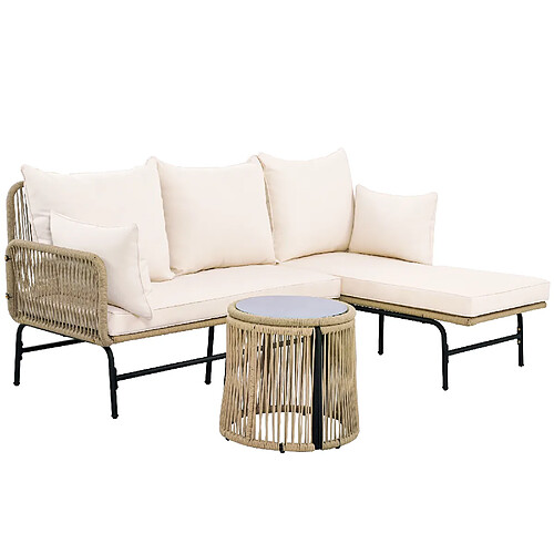 MIVRAY Salon de jardin d'angle 3 places, assise profonde acier beige