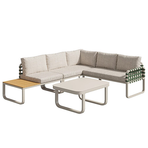 MIVRAY Salon de jardin 5 places 118x60x85 cm coussins 8 cm, verre trempé fer crème abricot