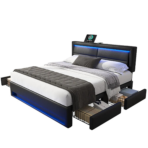 MIVRAY Lit double adulte 140x190 cm, USB LED et 4 tiroirs, PU noir
