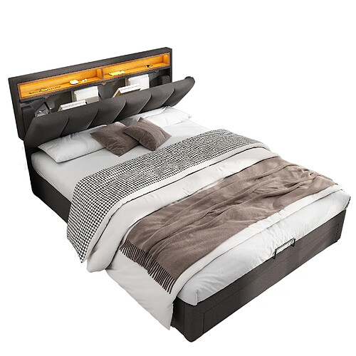 MIVRAY Lit coffre adulte 140x190 cm, Lit double avec tête de lit LED, Lin, gris